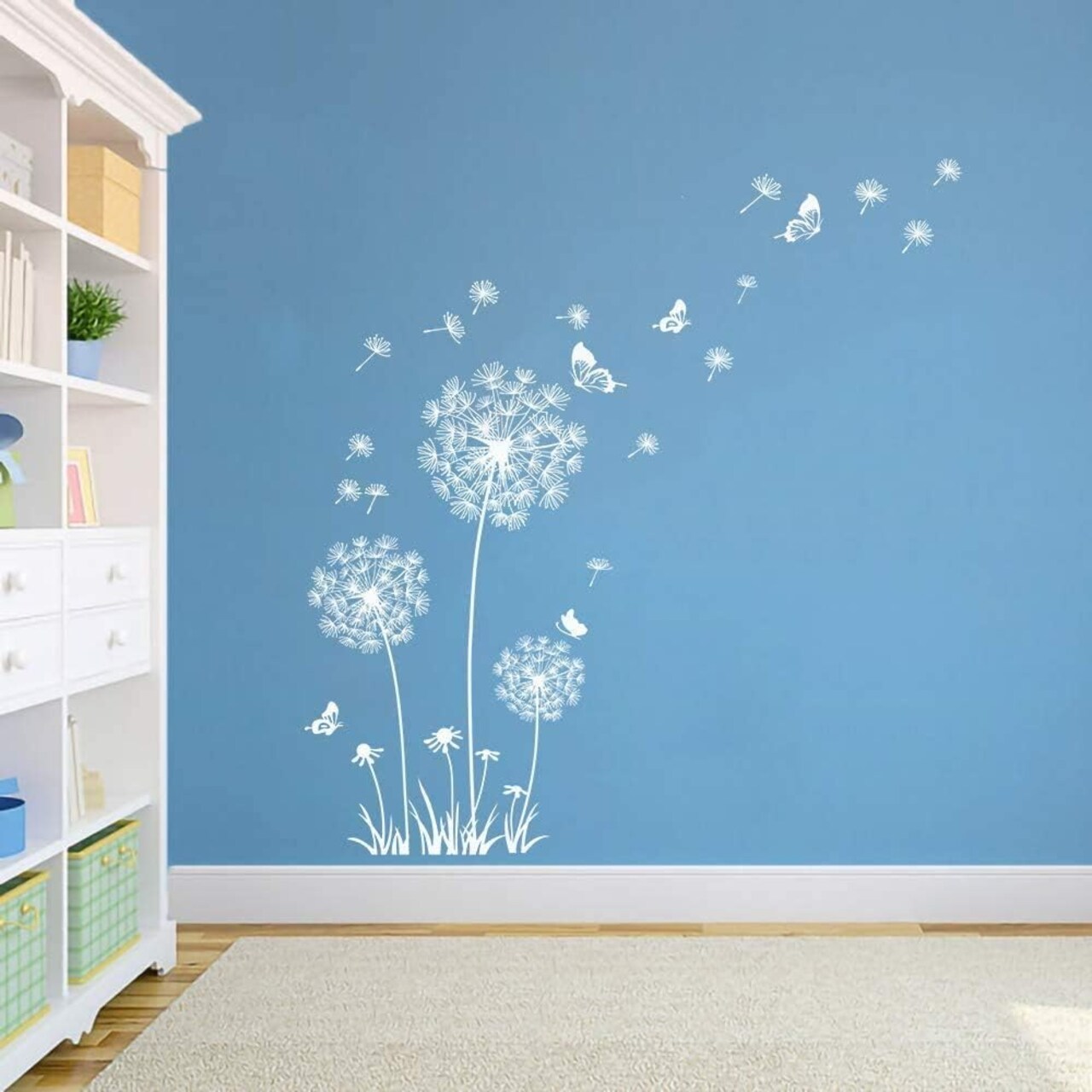 White Dandelion Art Stickers - Large Flower Butterfly Wall Decals for Bedroom and Living Room Decor